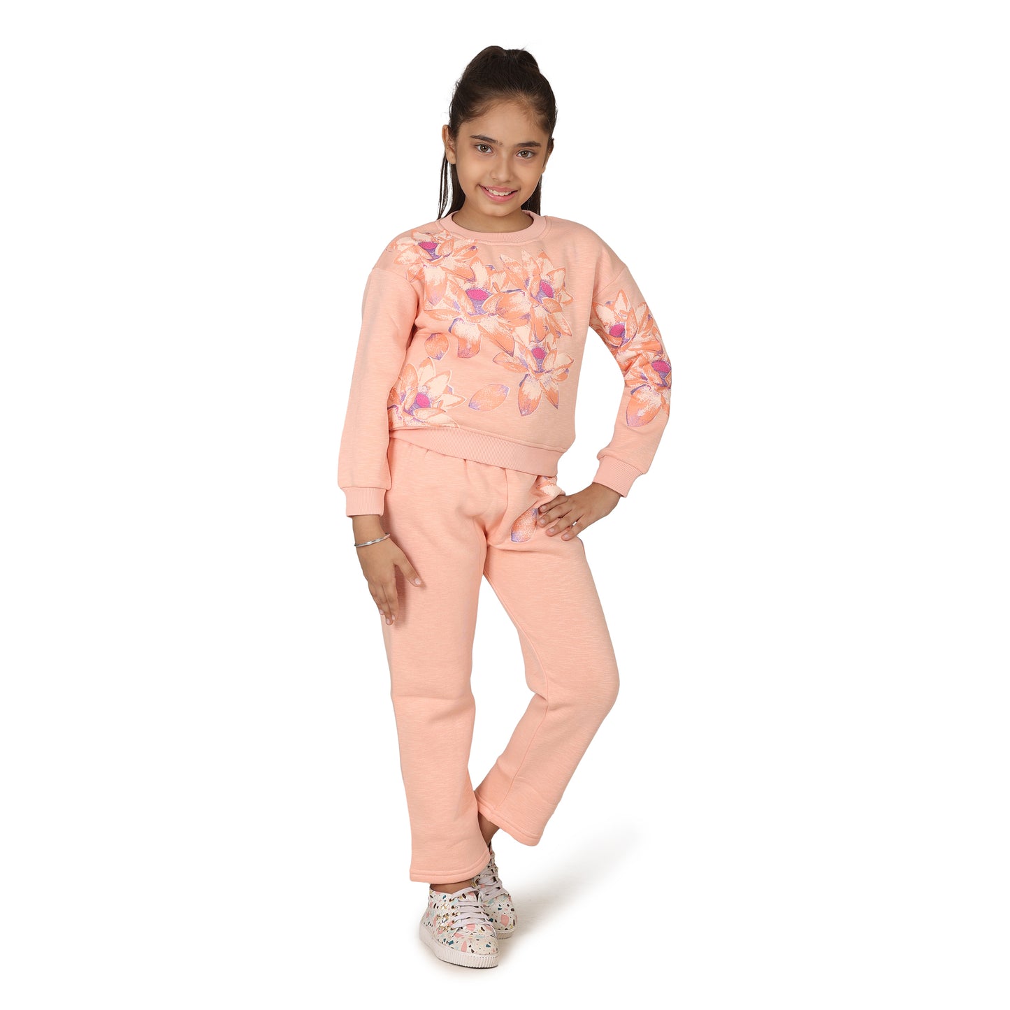 Pampolina Girls Floral Printed Track suit - Peach