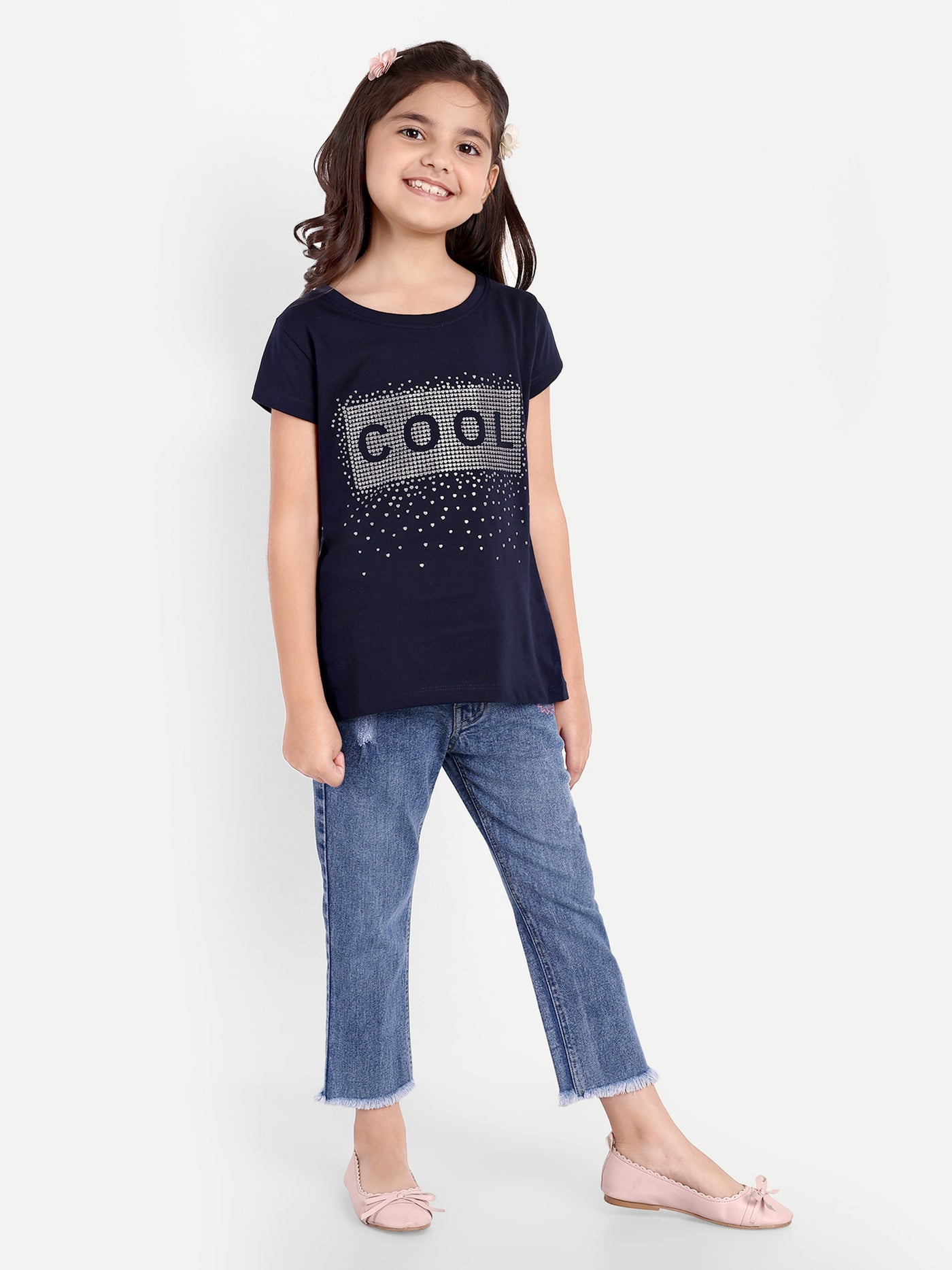 PAMPOLINA GIRLS SEQUIN PRINTED TOP- NAVY