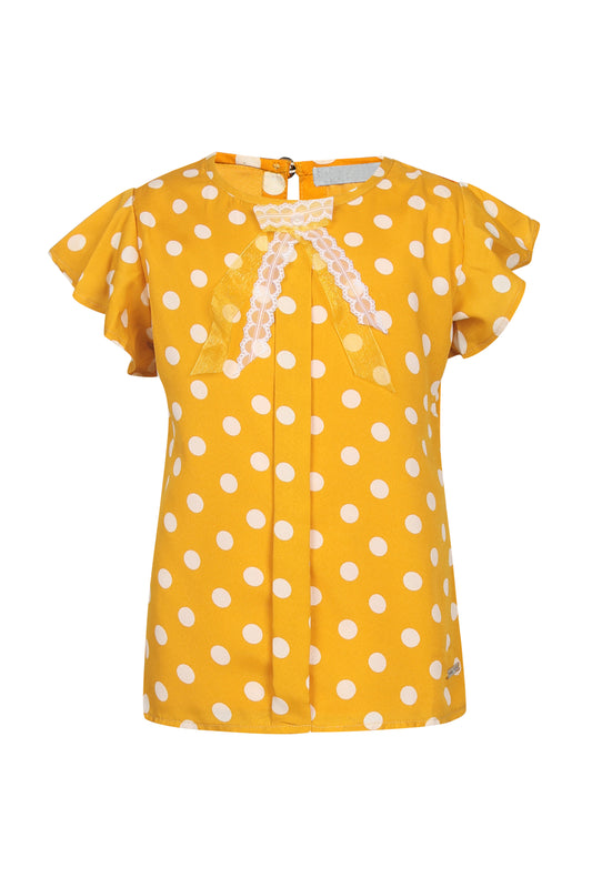 Pampolina Girls Polka Dotted  Printed Textile Top With Tie- Mustard