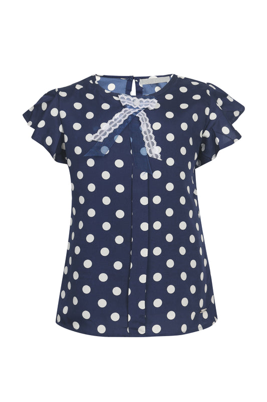Pampolina Girls Polka Dotted  Printed Textile Top With Tie- Navy