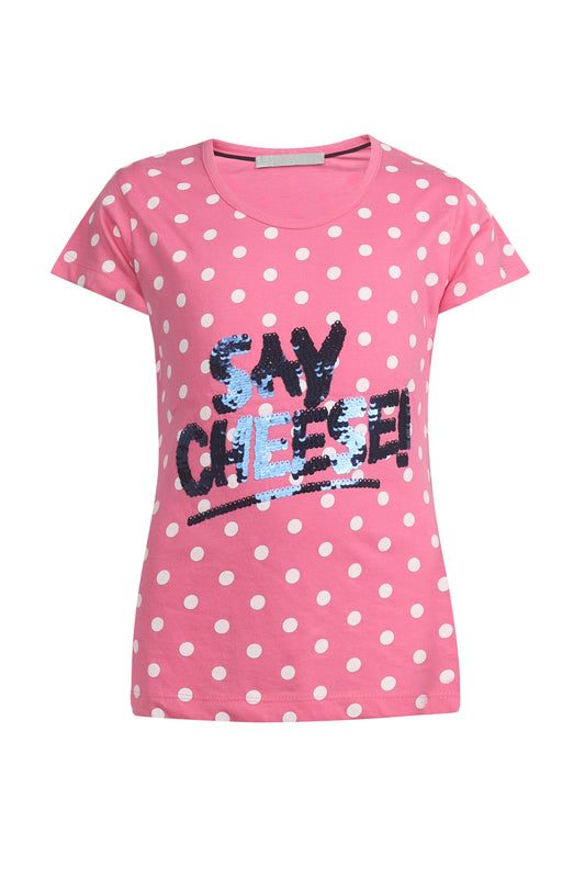 Pampolina Girls Sequined And Polka Dotted All Over Printed Top- Pink