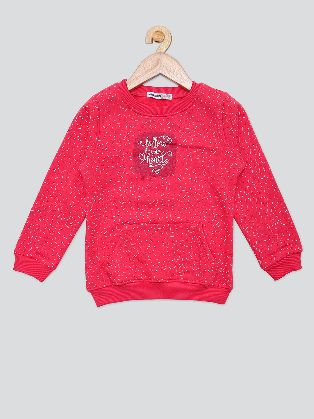 Pampolina Girls Allover Printed Round Neck Sweatshirt With Pocket-Coral
