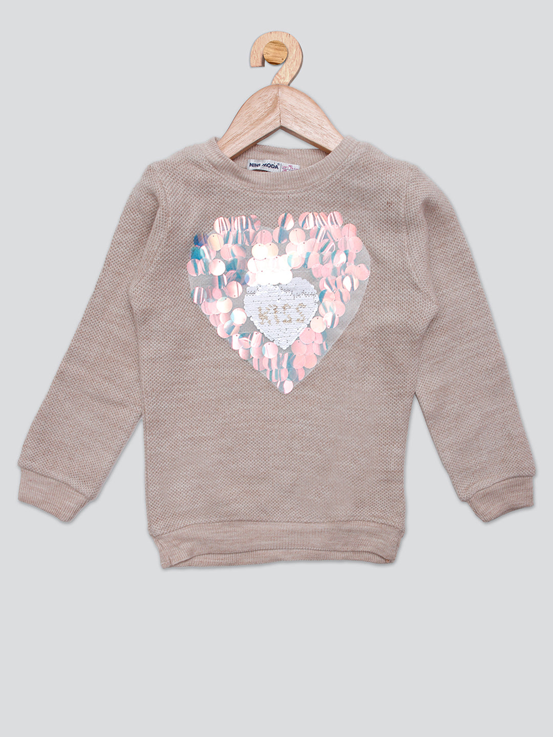 Pampolina Girls Sequined Printed Woolen Top-Fawn