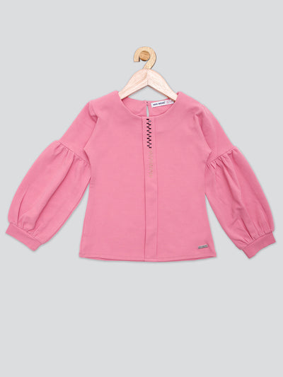Panpolina Girls Full Solid Textile Top-O.Pink