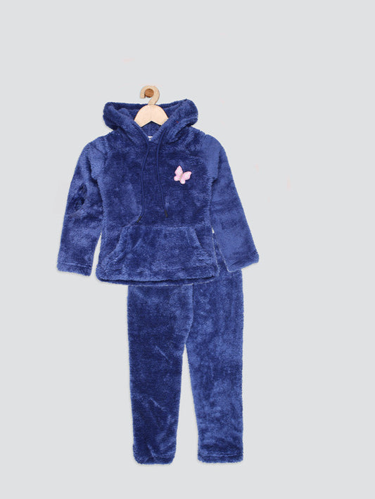 Butterfly Extra Warm Girls Solid Co-ord Set-Navy