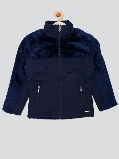 Pampolina Girls Solid Quilted With Fleece Jacket- Navy