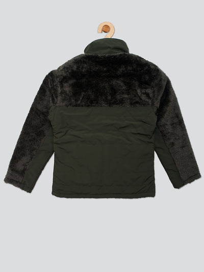 Pampolina Girls Solid Quilted With Fleece Jacket- Olive