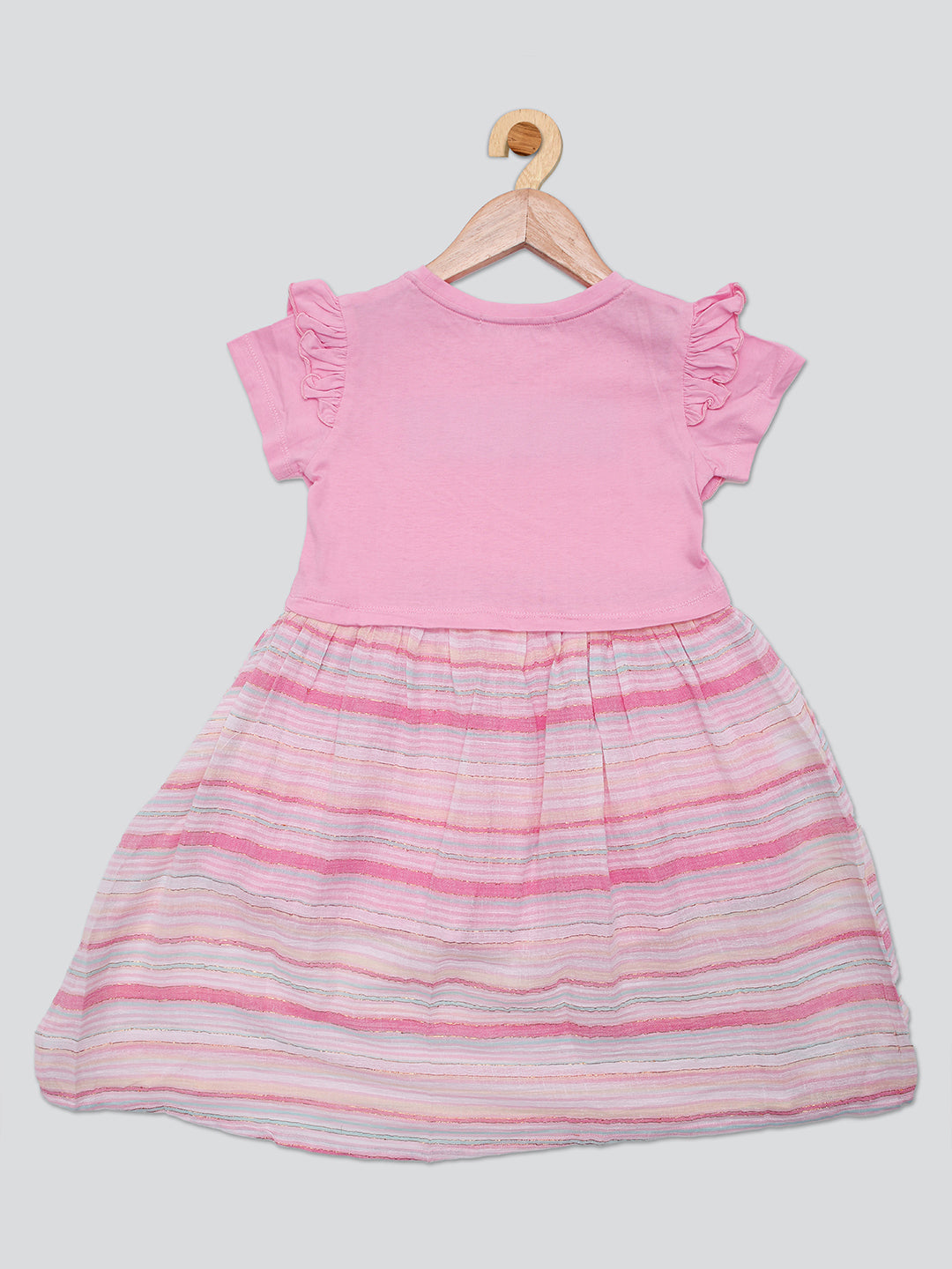 Pampolina Girls Striped  Printed Dress- Pink