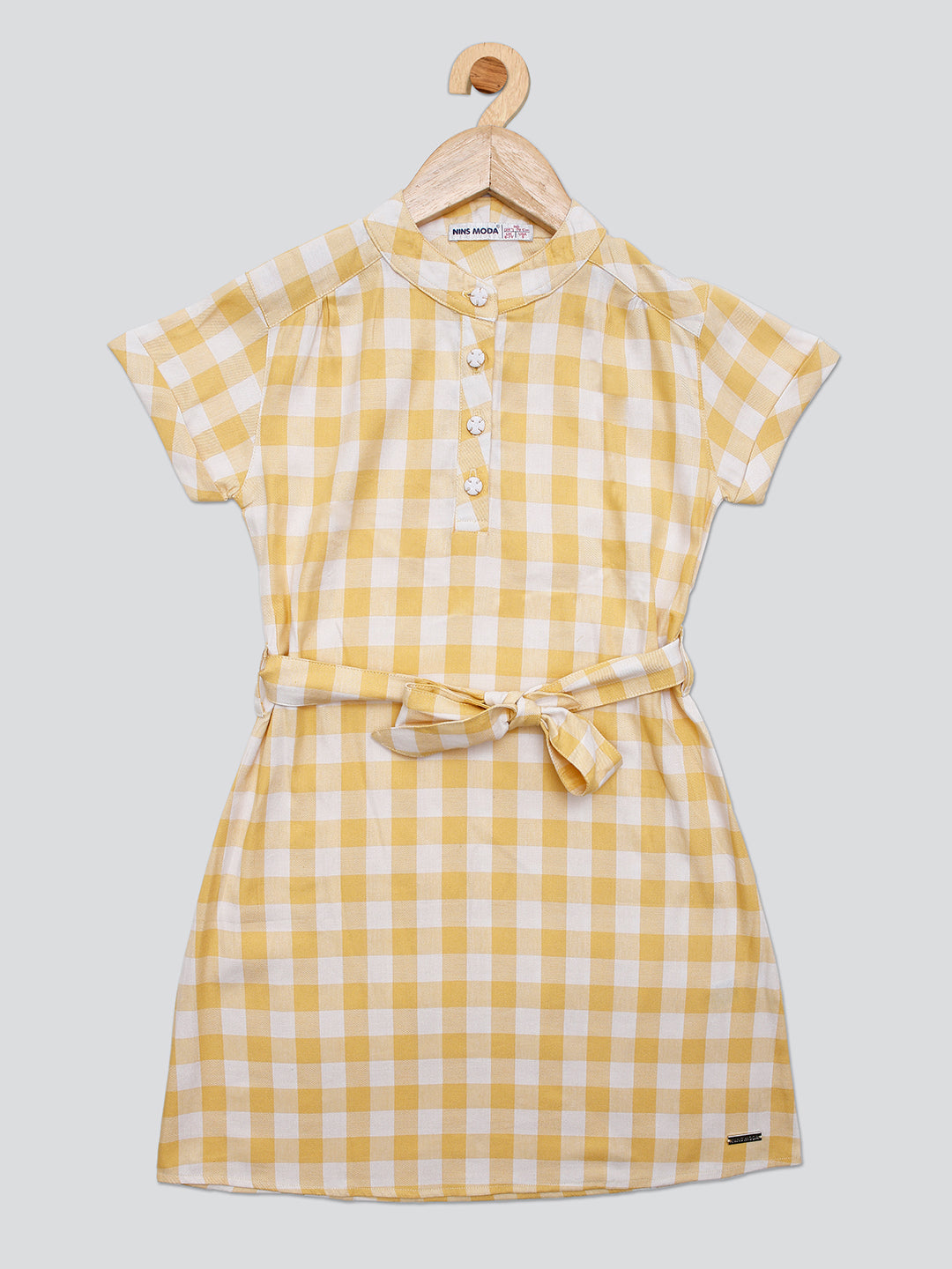 Pampolina Girls Cheek Printed  Dress With Belt- Lemon