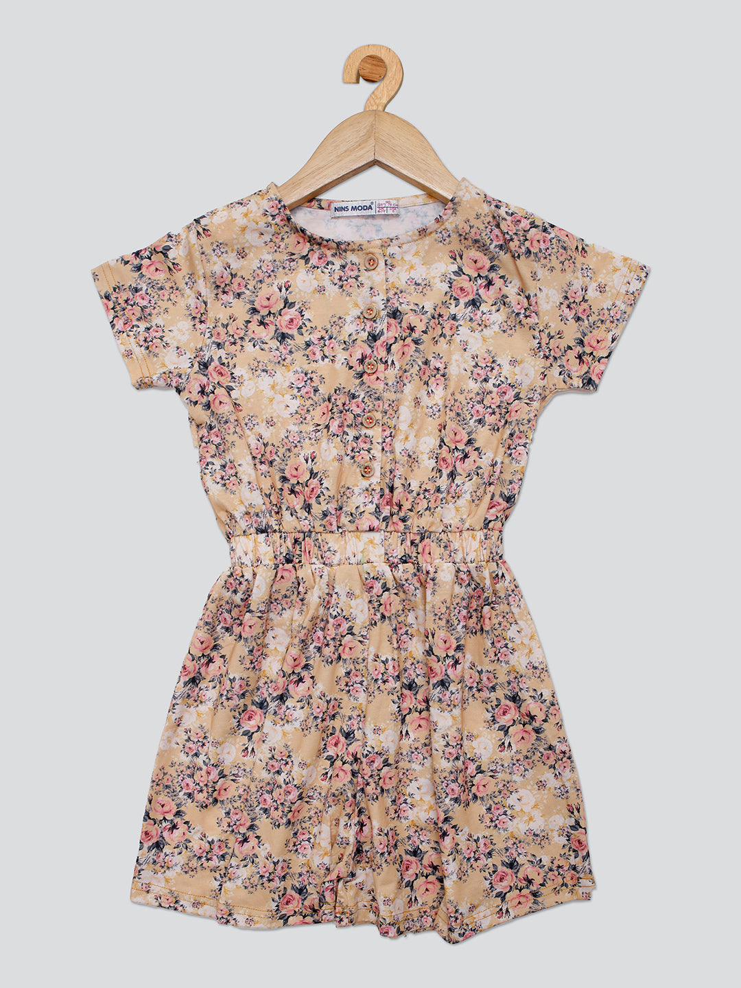 Pampolina Girls Floral Printed  Dress- Fawn