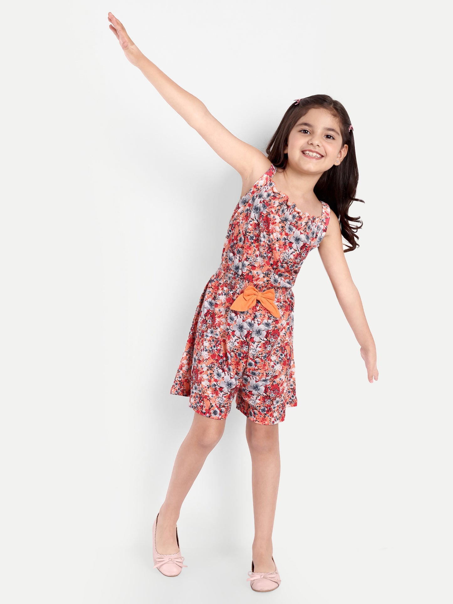 Pampolina Girls Floral Printed Jumpsuit- Peach