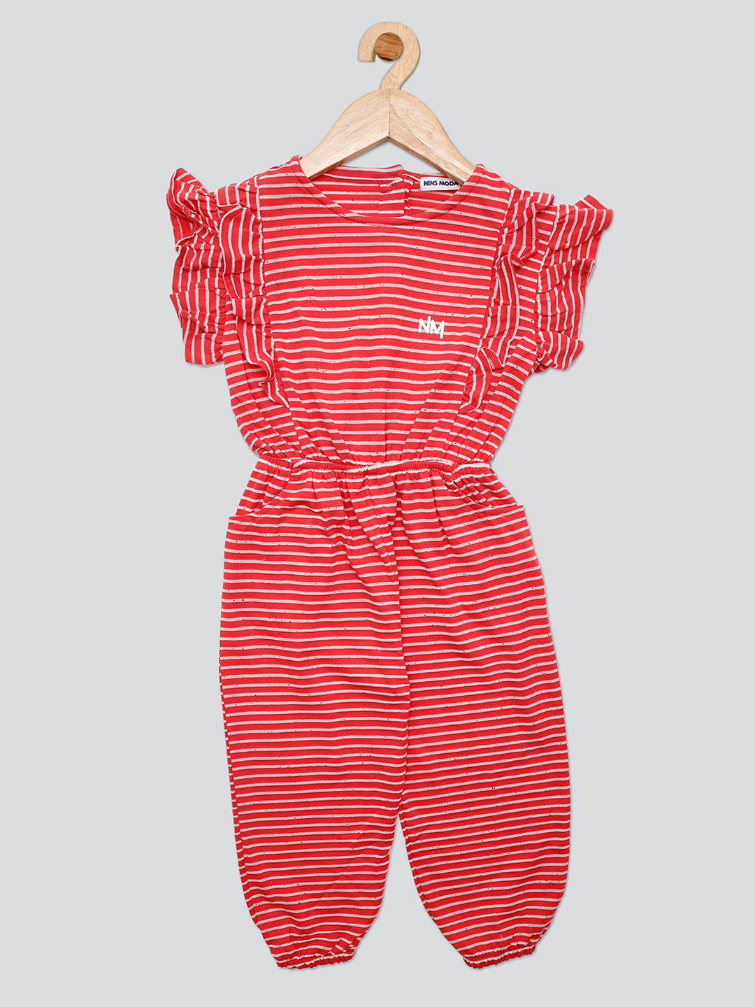 Pampolina Girls Striped Printed Jump Suit-  Coral