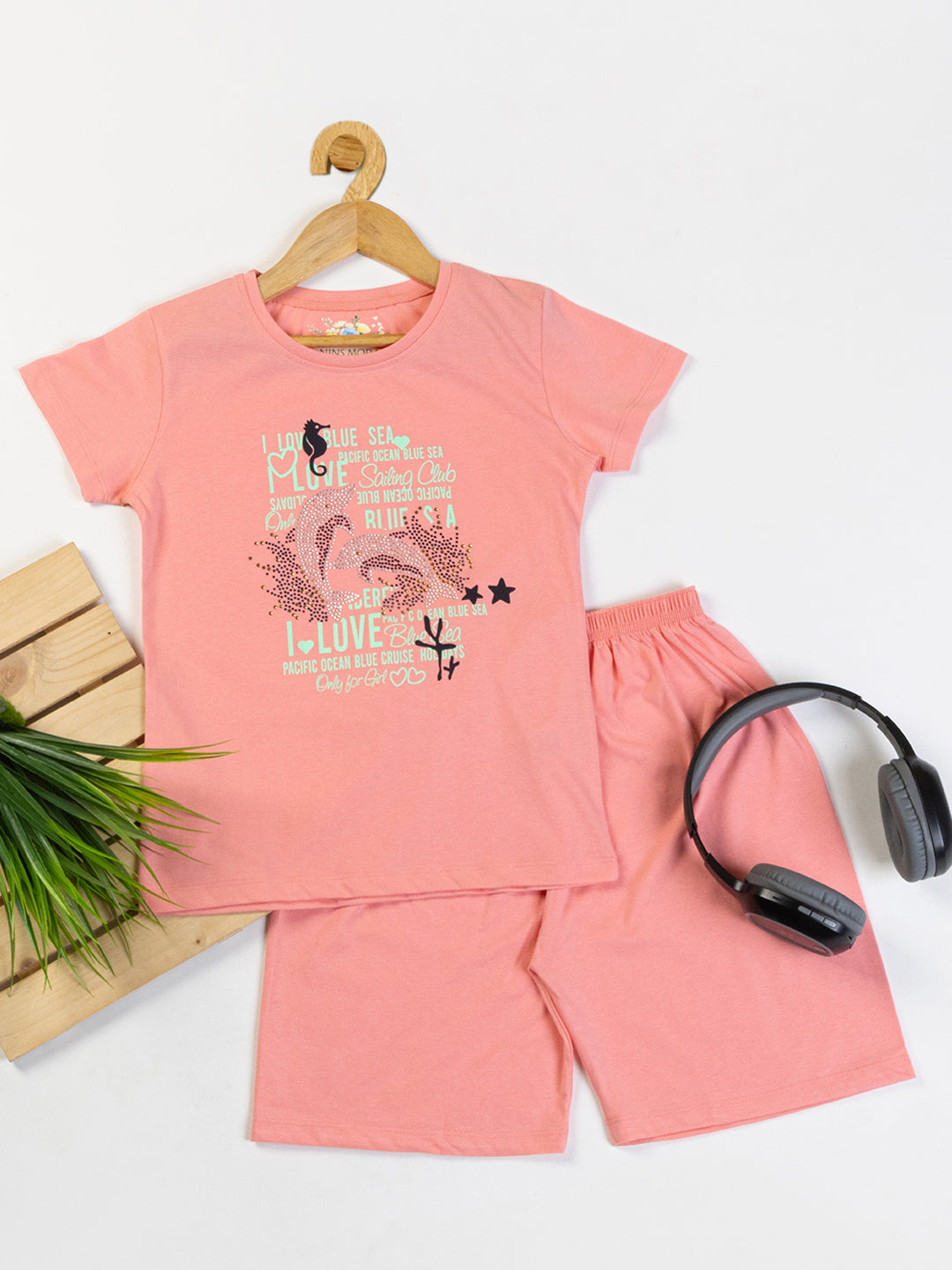 Pampolina Girls Printed Co-Ord Sets-Peach
