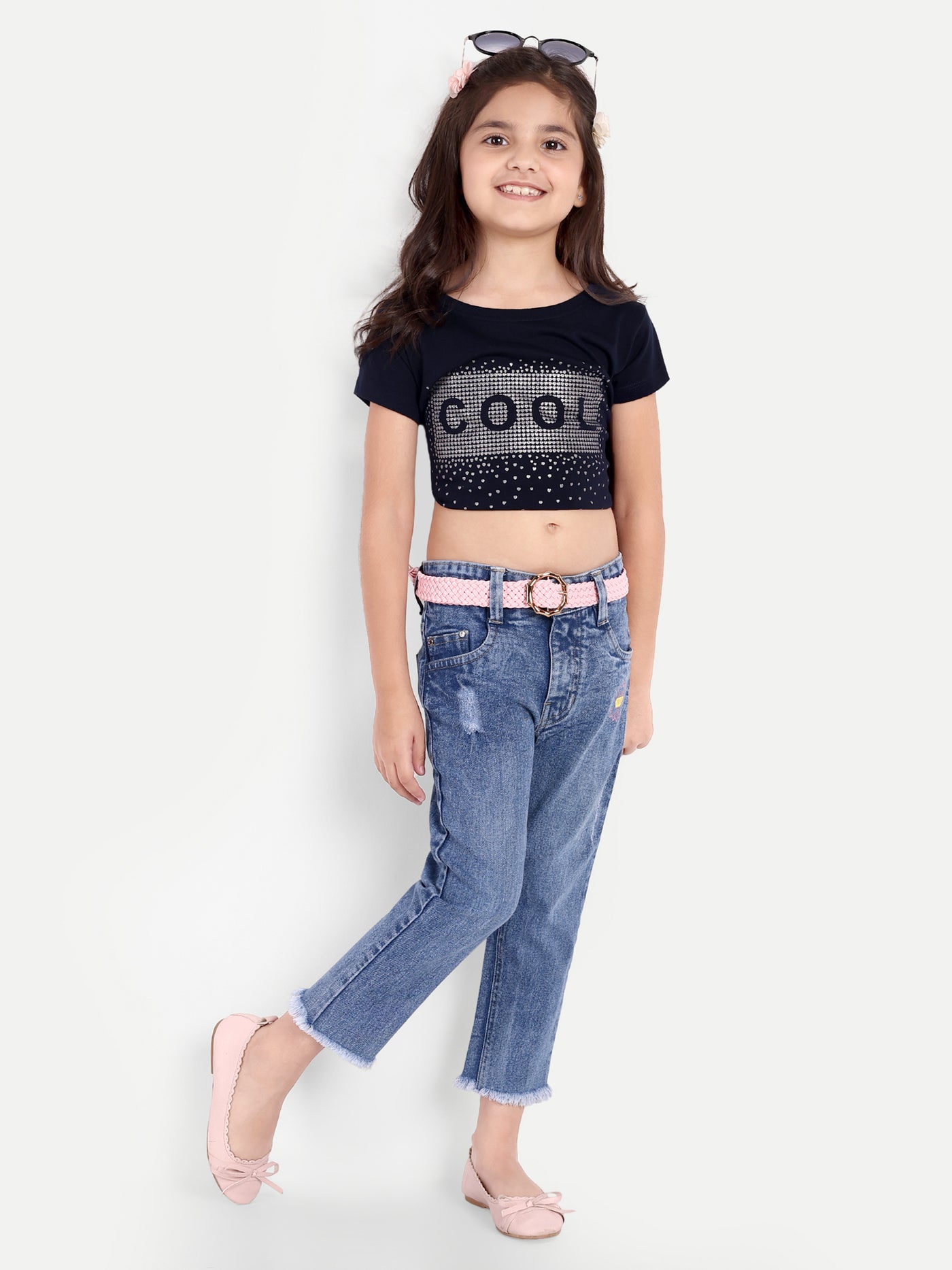 PAMPOLINA GIRLS DENIM SOLID CAPRI WITH BELT-L.BLUE
