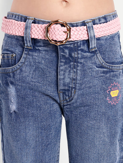PAMPOLINA GIRLS DENIM SOLID CAPRI WITH BELT-L.BLUE