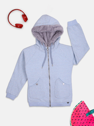 ZIAMA GIRLS STRIPED FULL SELEVE WITH HODDIE & ZIPPER SWEATSHIRT-SKY