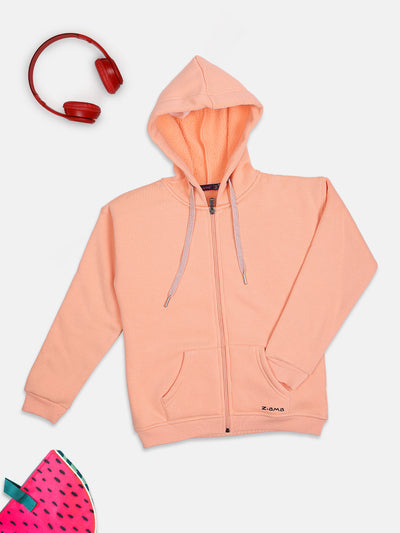 Ziama Girls Solid Sweatshirt Zipper With Hoddie-Peach
