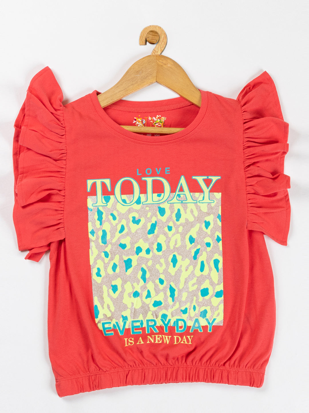 Pampolina Girls Printed Top With Puff Sleeve  & Waist Elastic-Coral