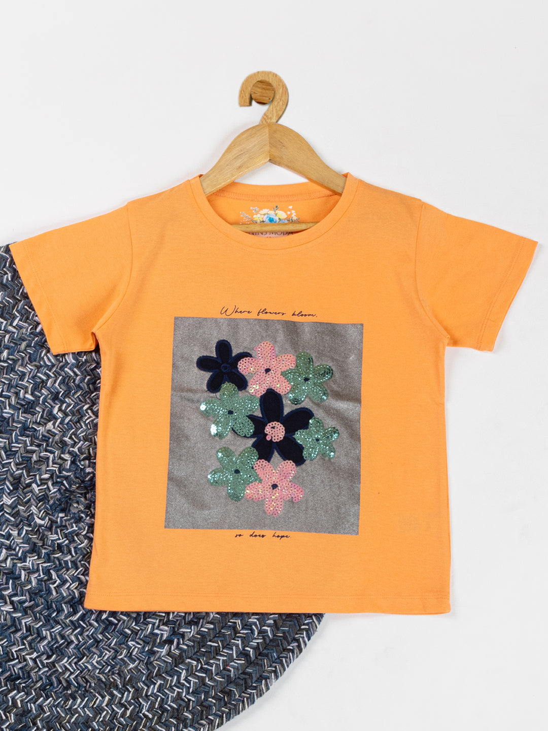 Pampolina  Girls Sequin Floral Printed Top-Orange