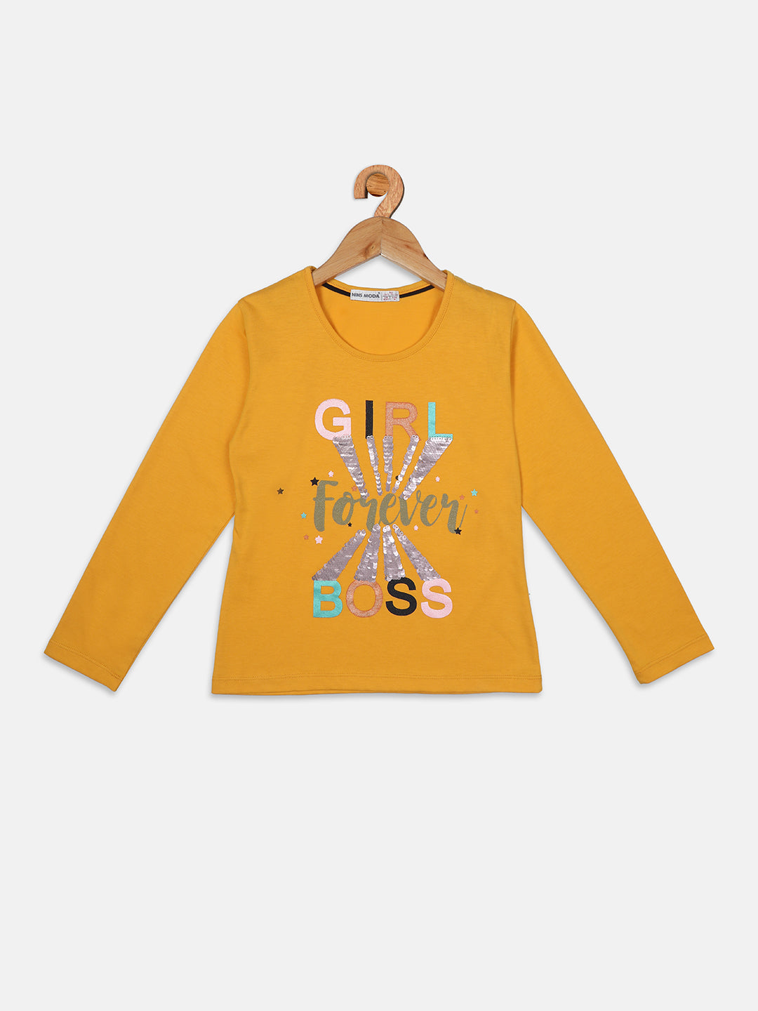 Nins Moda Girls Forever Printed Stylish Top - Mustard