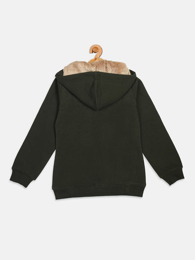 Pampolina Girls Solid Sweatshirt with Hoddie and Zip-OLIVE