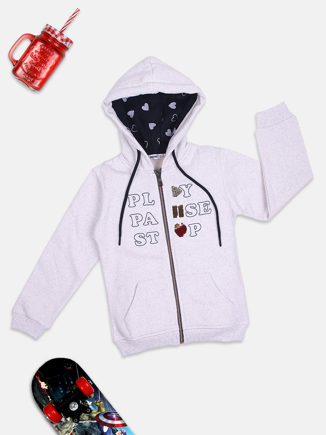 NINS MODA GIRLS FRONT PRINTED SWEATSHIRT HODDIE WITH ZIP-OFFWHITE