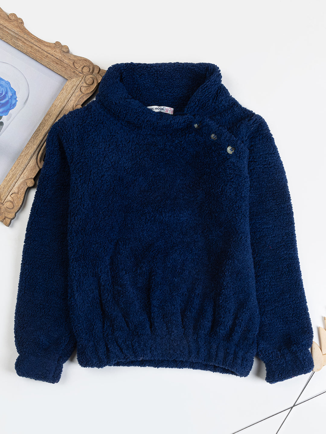 Pampolina Girls Solid With Side Button Sweatshirt-Navy