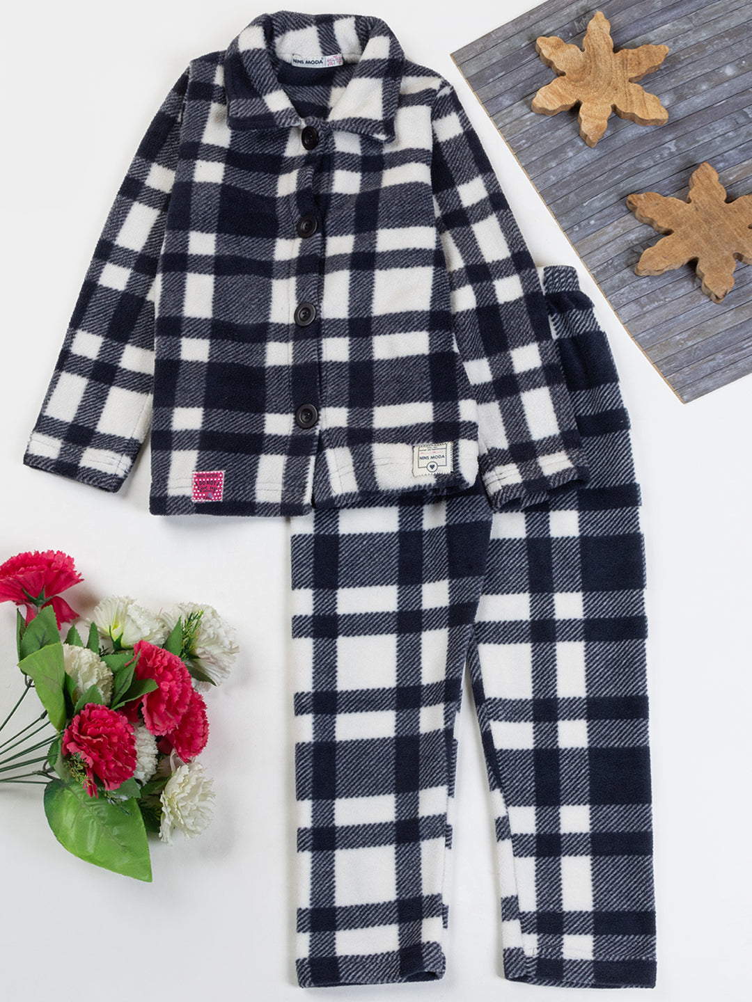 Girls Checked Button Top Co-ord Set - Navy