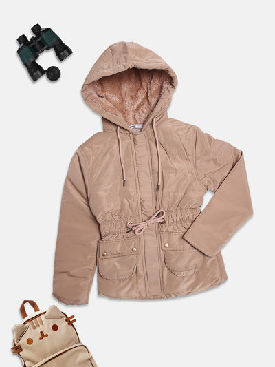 ZIAMA GIRLS SOLID FULL SELEVE WITH HODDIE & ZIPPER JACKET-FAWN