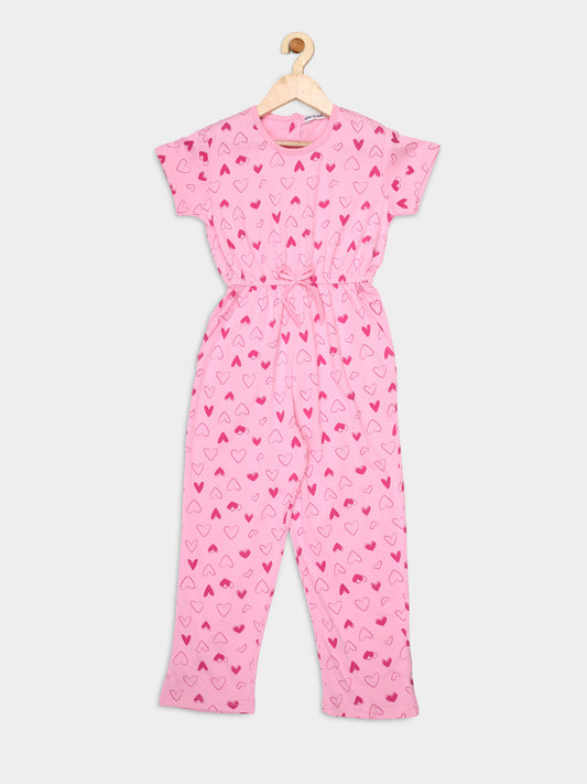 Nins Moda Girls Heart Printed Jump Suit-Pink