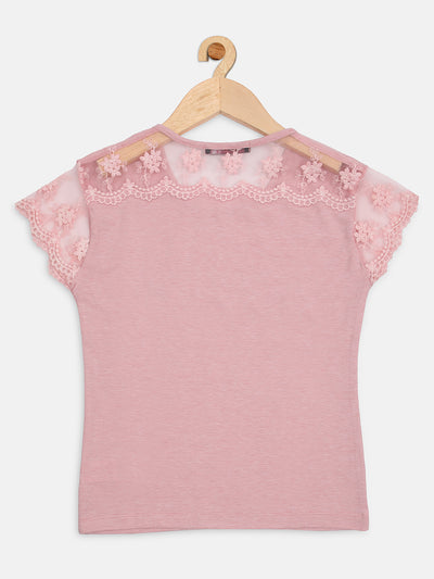 Pampolina Girls Printed Top With Net Sleeve -Peach