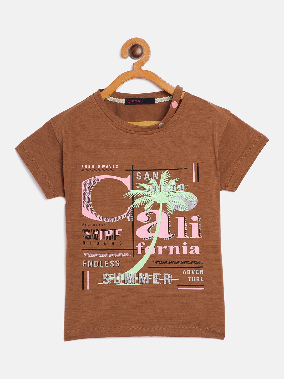 Pampolina Girls Printed Top With Cold Shoulder-Tan