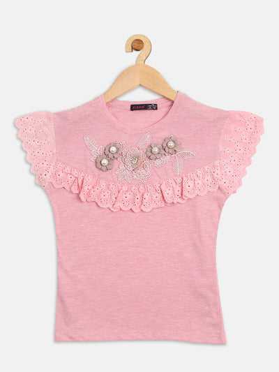 Pampolina Girls Floral Printed Top With Puffed Sleeve -Pink