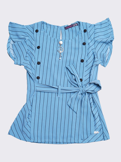 Pampolina Girls Half Sleeve Striped Top With Puffed Sleeve-Blue