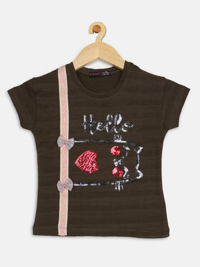Pampolina Girls Half Sleeve Printed Top-Olive
