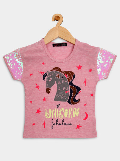 Pampolina Girls Unicorn  Printed  Half Sleeve Top-Pink