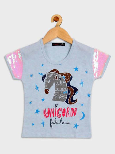 Pampolina Girls Unicorn  Printed  Half Sleeve Top-Sky