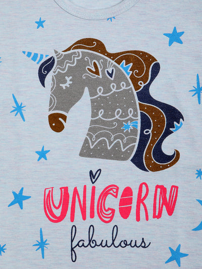 Pampolina Girls Unicorn  Printed  Half Sleeve Top-Sky