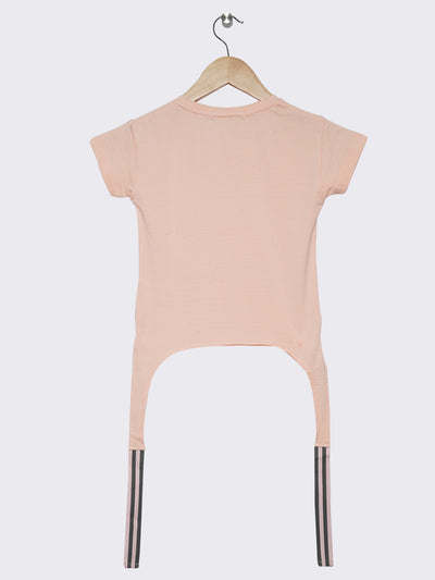 Pampolina Girls Half Sleeve Frolal Printed Top With Waist Belt-Peach