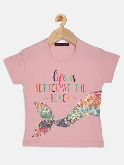 Pampolina Girls Half Sleeve Embellished Printed Top-Pink