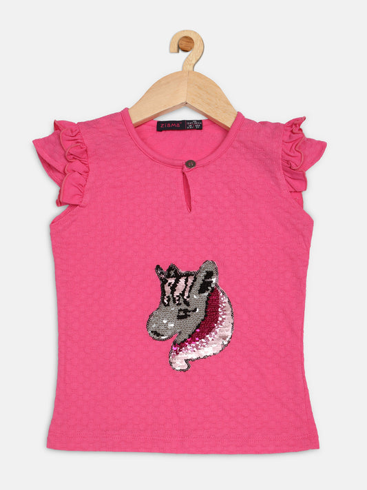 Pampolina Girls Printed Round Neck Sleeveless Top- Pink