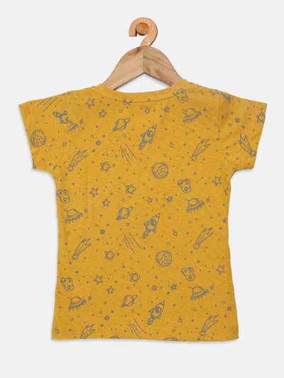 Ziama Girls Stylish Printed Top- Mustard