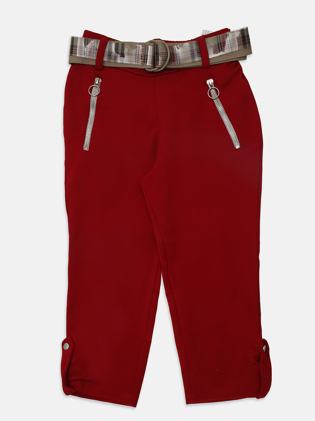Ziama Girls Stylish Solid Capri With Belt- Red