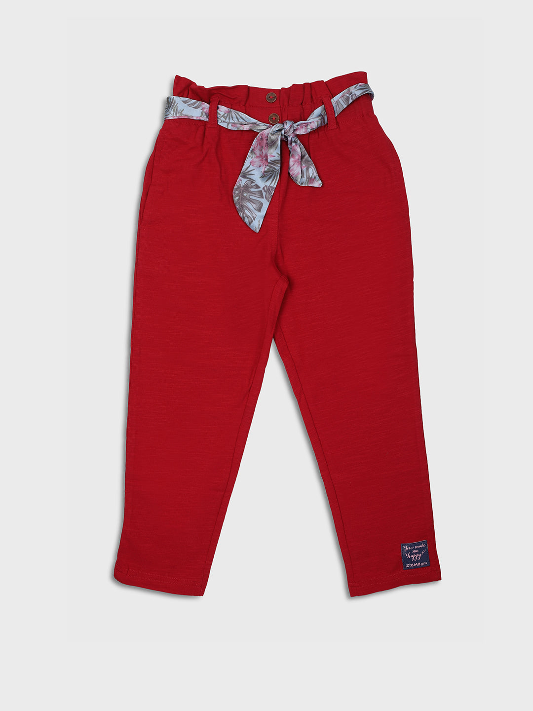 Ziama Girls Solid Stylish Capri With Belt-Red