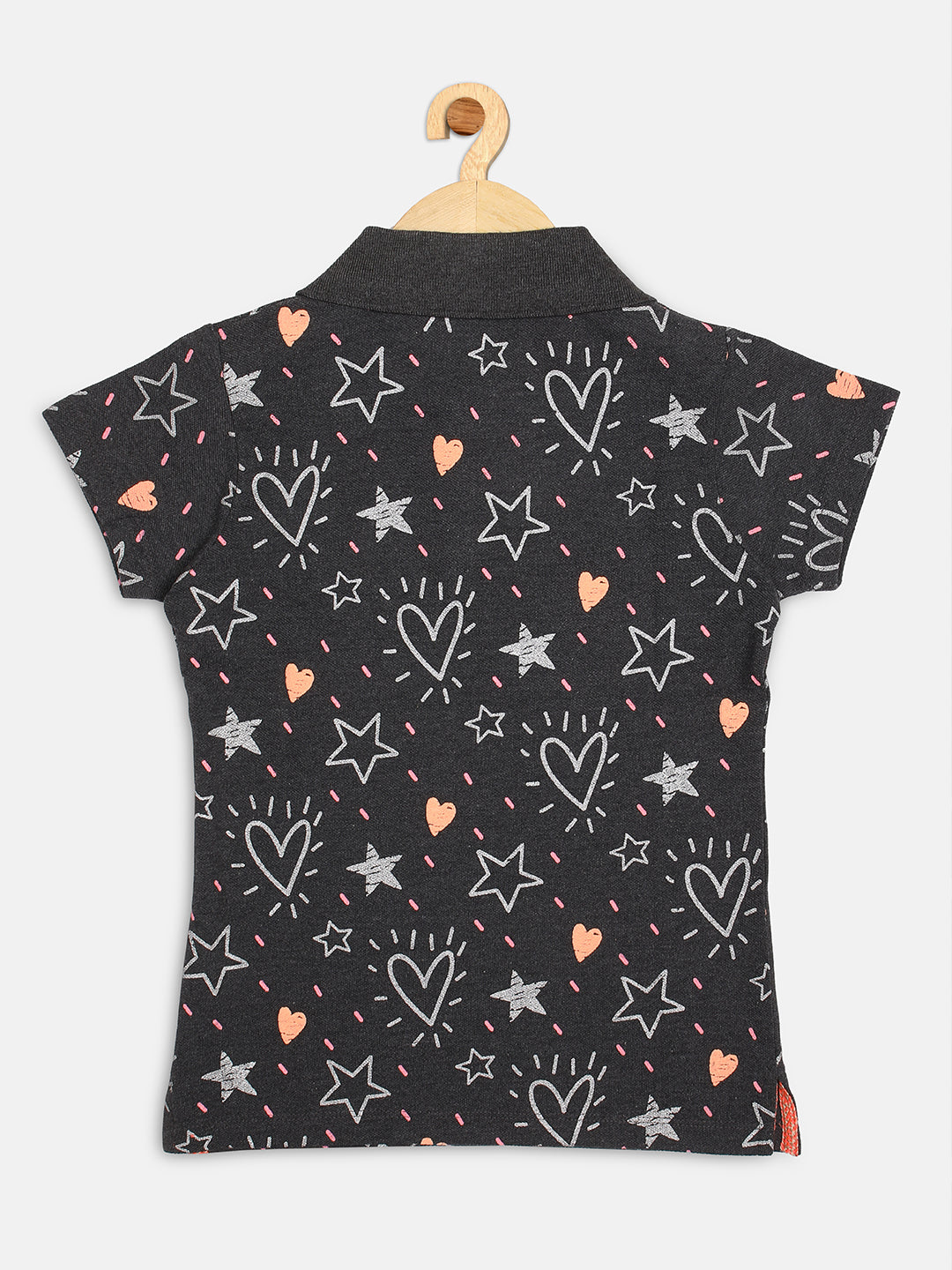 Pampolina Girls Heart Printed Polo T Shirt -Anthra