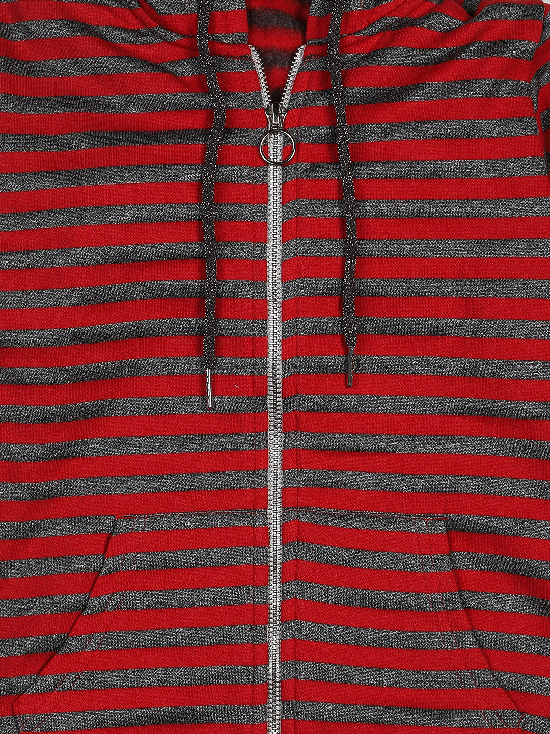 Pampolina Girls Striped Full Sleeve With Hoddie & Zipper  Sweatshirt-Red