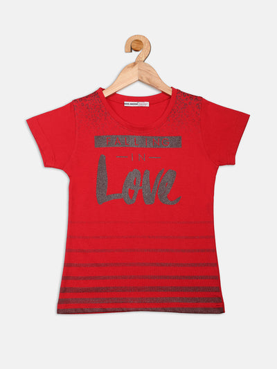 Nins Moda Half Sleeves Love Print Detailing Top - Red
